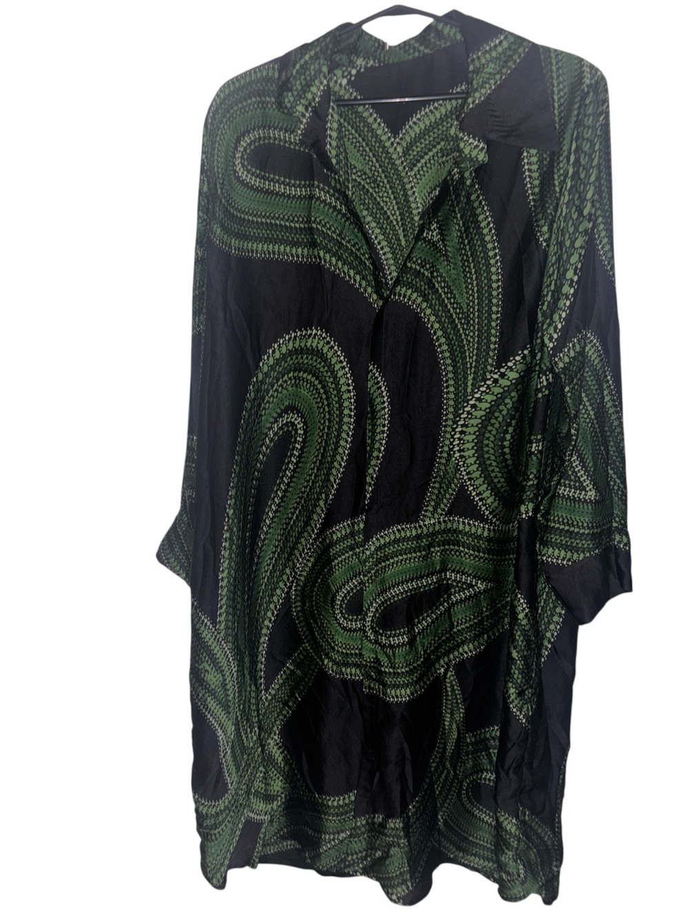 Green Patterned Women's Long Sleeve collar Silk Luxury Dress Sz Large